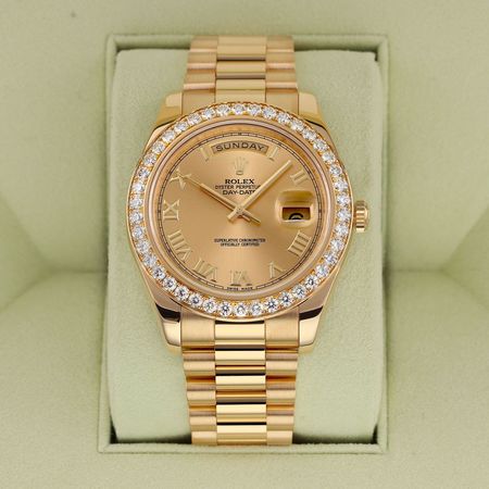 Pre-owned Rolex FACTORY SERVICED Day Date II 41mm 218348 Champagne Roman